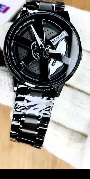 Black Racing Wheel Watch Stylish Sports Wheel Watch Men’s Alloy Chain Watch Green Accent Dial Watch Butterfly Lock Watch Men
