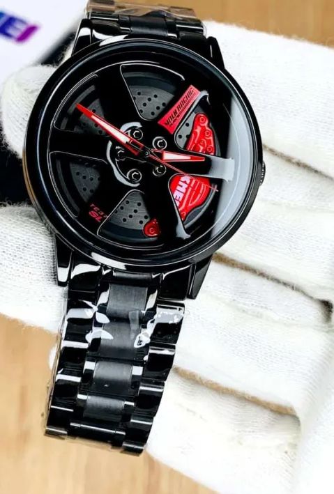 Black Racing Wheel Watch Stylish Sports Wheel Watch Men’s Alloy Chain Watch Green Accent Dial Watch Butterfly Lock Watch Men
