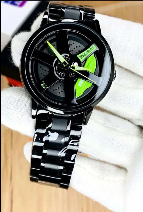 Black Racing Wheel Watch Stylish Sports Wheel Watch Men’s Alloy Chain Watch Green Accent Dial Watch Butterfly Lock Watch Men