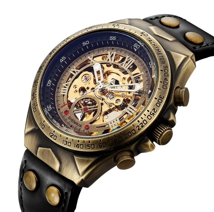 Retro Style Men Automatic Mechanical Watch Skeleton Steampunk Genuine Leather Band Men Self Winding Wrist Watches Men