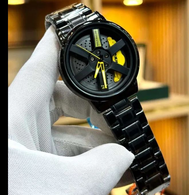 Black Racing Wheel Watch Stylish Sports Wheel Watch Men’s Alloy Chain Watch Green Accent Dial Watch Butterfly Lock Watch Men